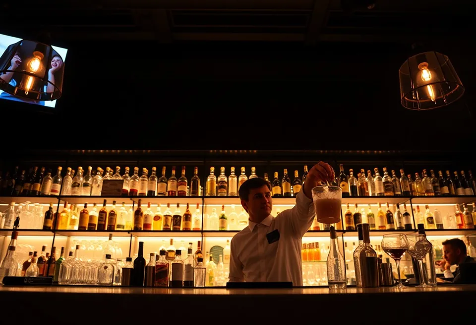 The short lounge bar counter between two rooms, bottles on timber shelving behind it