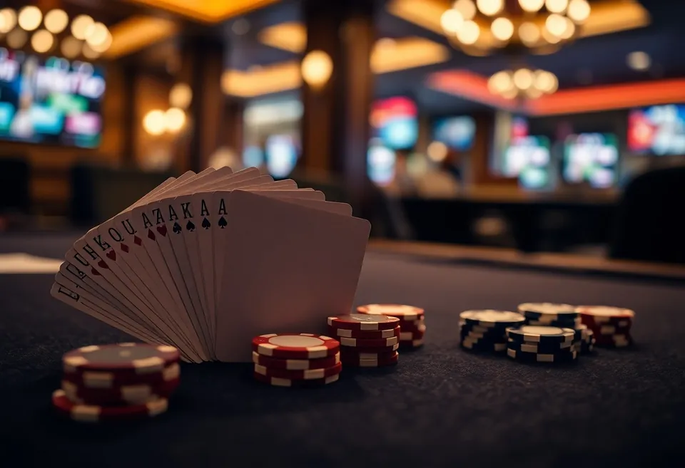 Playing cards dealt across green felt with worn clay counters stacked beside the rail