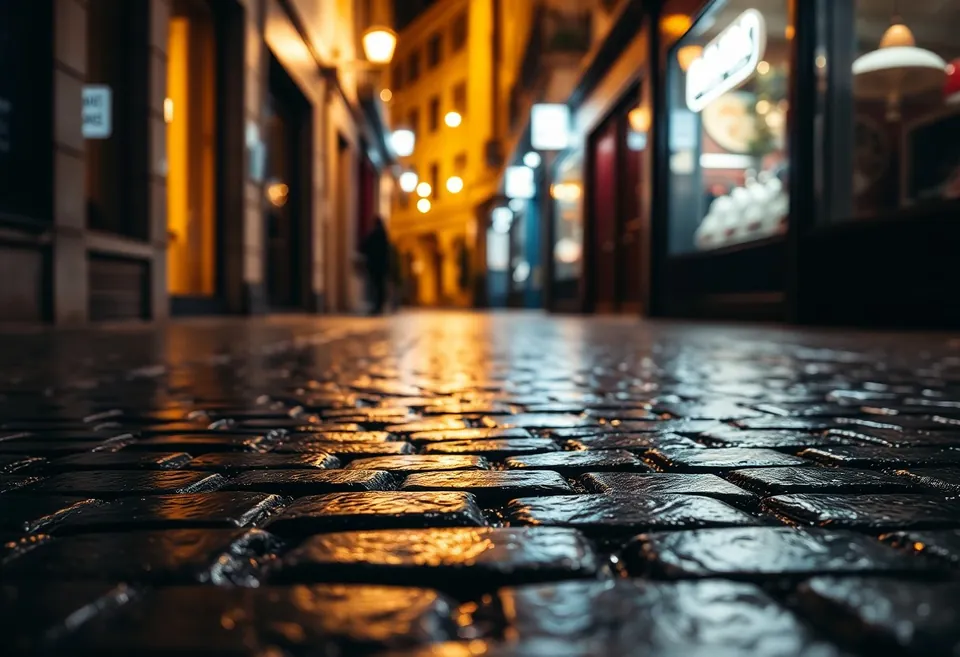 Hardware Lane at night after rain, wet cobbles reflecting awning lights and a lit stairway doorway