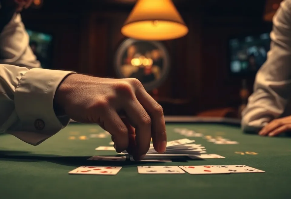 A host's hands dealing cards slowly across the felt, counters and a shuffled deck nearby