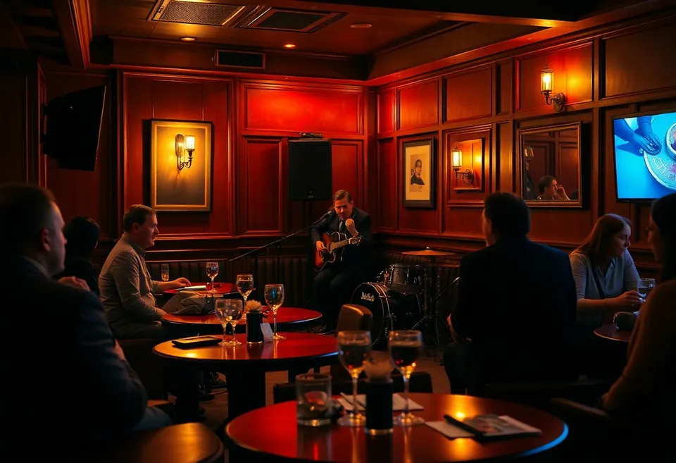 A four-piece band setting up on a small corner stage with armchairs close in front