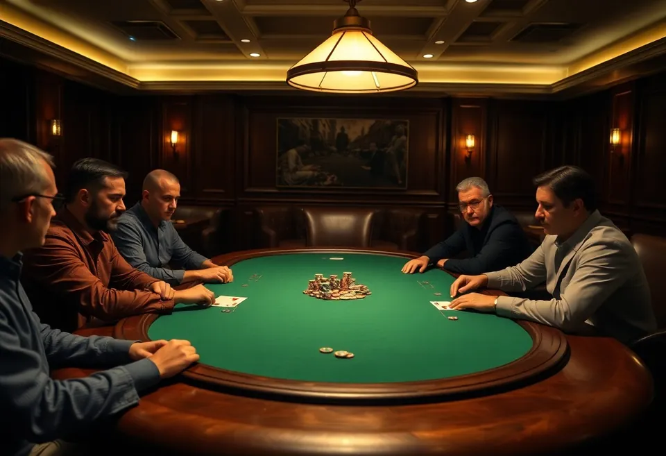 A felt card table under a hanging brass lamp with four players seated and a host dealing