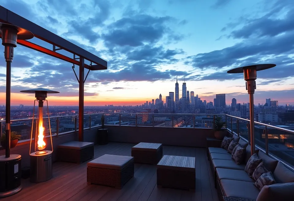 A narrow rooftop terrace at dusk with small tables and a view over laneway rooftops